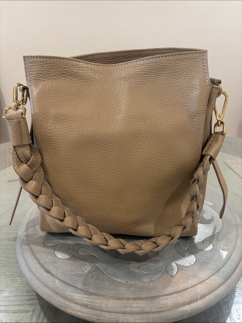 Made in Italy-Taupe Braided Handle Leather Bucket Bag